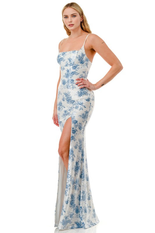 SEQUIN FLORAL PRINT CROSS BACK MERMAID MAXI DRESS