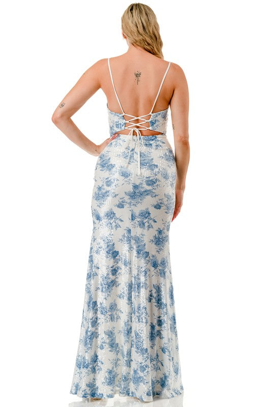 SEQUIN FLORAL PRINT CROSS BACK MERMAID MAXI DRESS