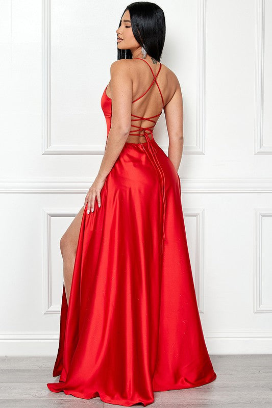 RED SATIN WITH CRISS CROSS BACK DRESS
