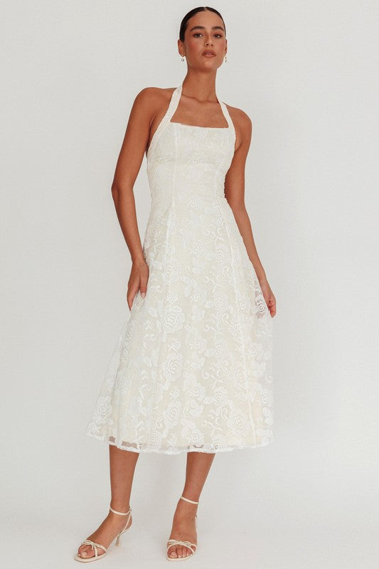 HALTER JACQUARD FLORAL MAXI DRESS