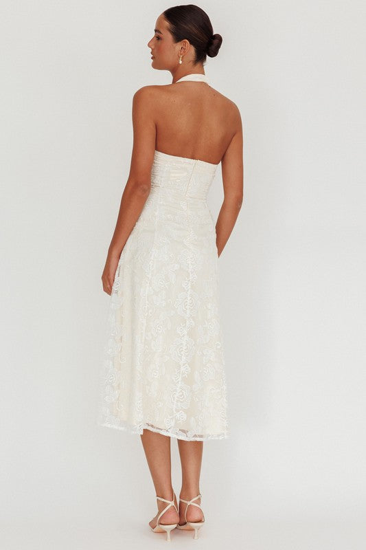 HALTER JACQUARD FLORAL MAXI DRESS