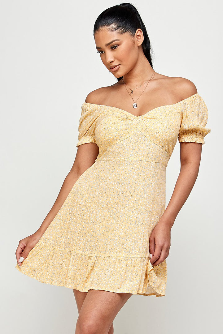 OFF SHOULDER LEAF MINI DRESS