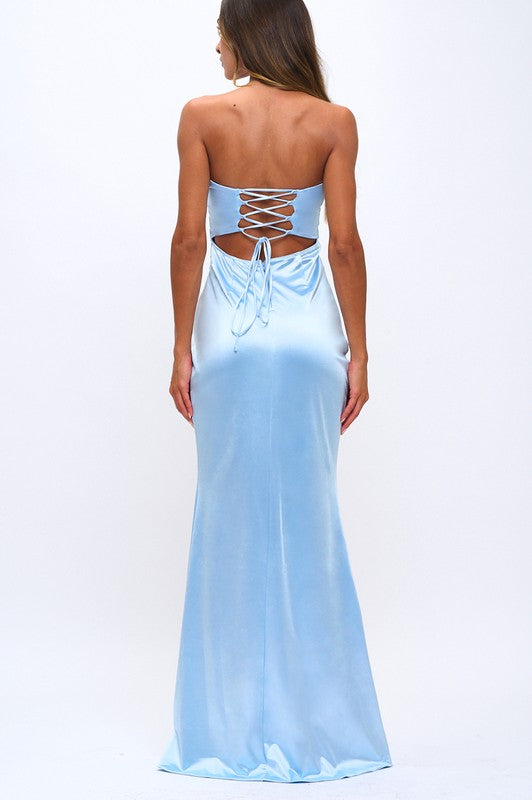 RUCHED LACE UP MAXI GOWN